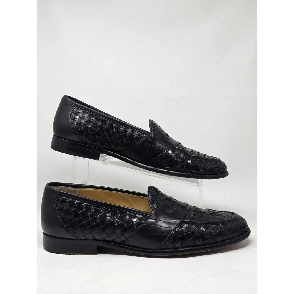 Vintage Johnston & Murphy Men Sz 13 Woven Leather Penny Loafers Crafted Classic